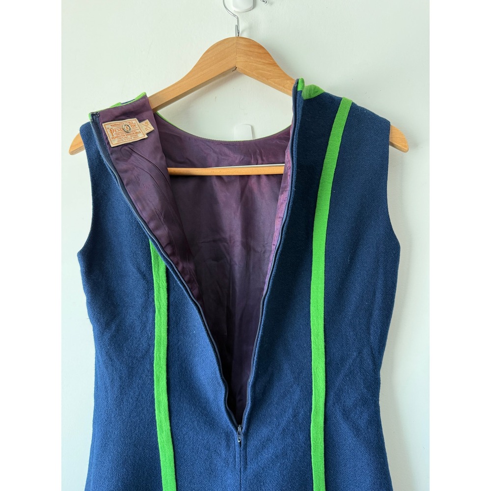 Vintage 1960s Pendleton Wool Mini Dress 11/12 Navy Green Mod Shift A-Line - Picture 3 of 11